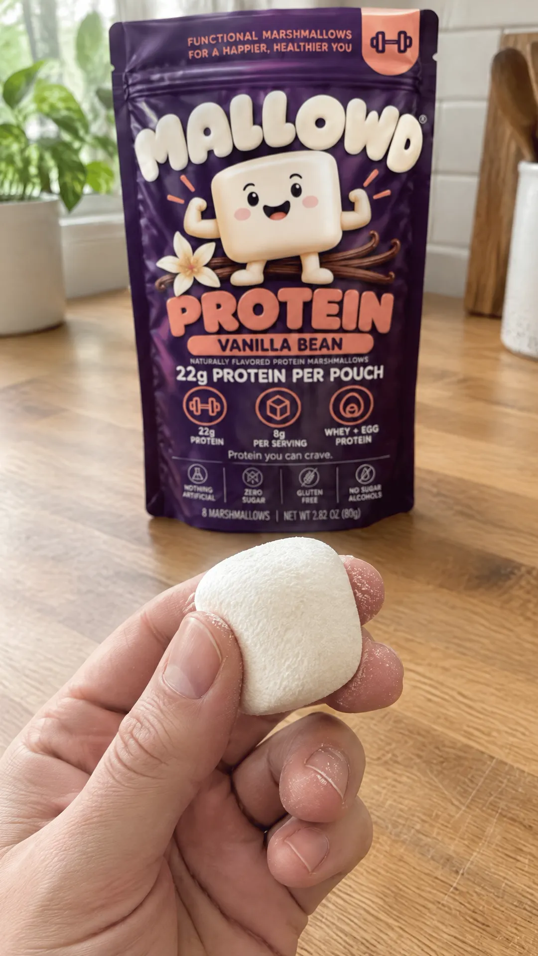A hand pressing a MALLOWD marshmallow on the test bench