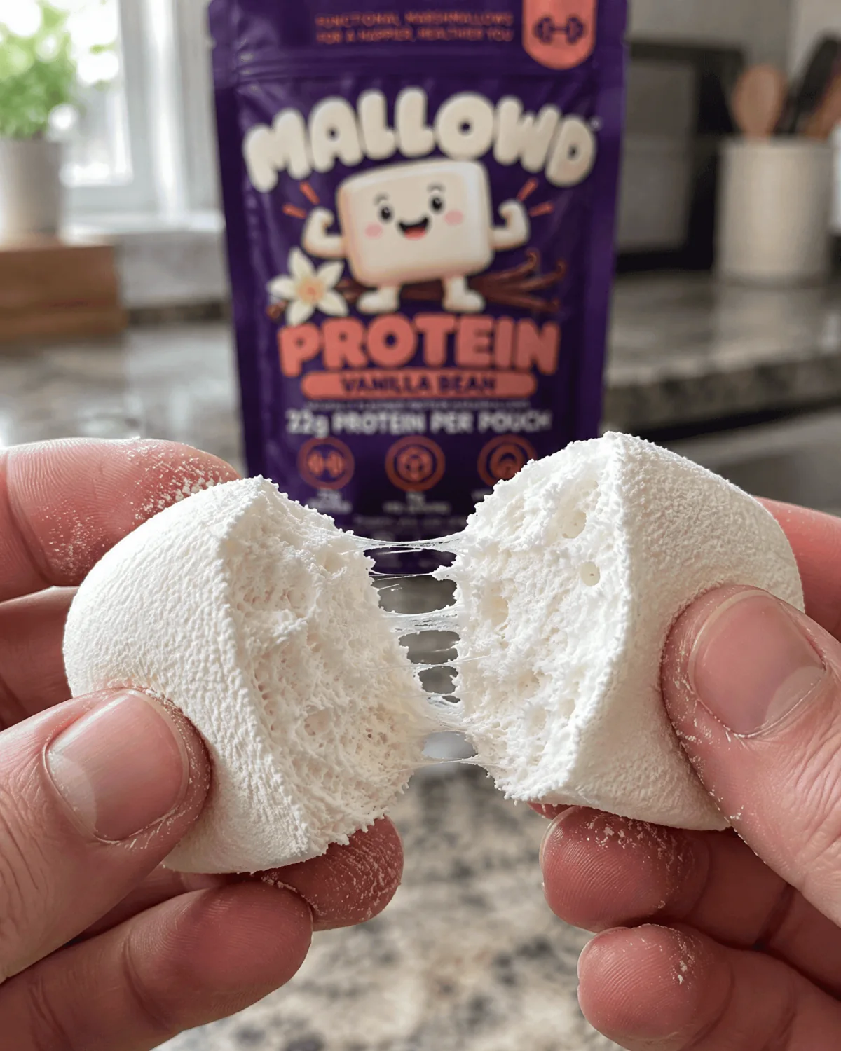 Close-up of a torn MALLOWD pouch and a soft marshmallow