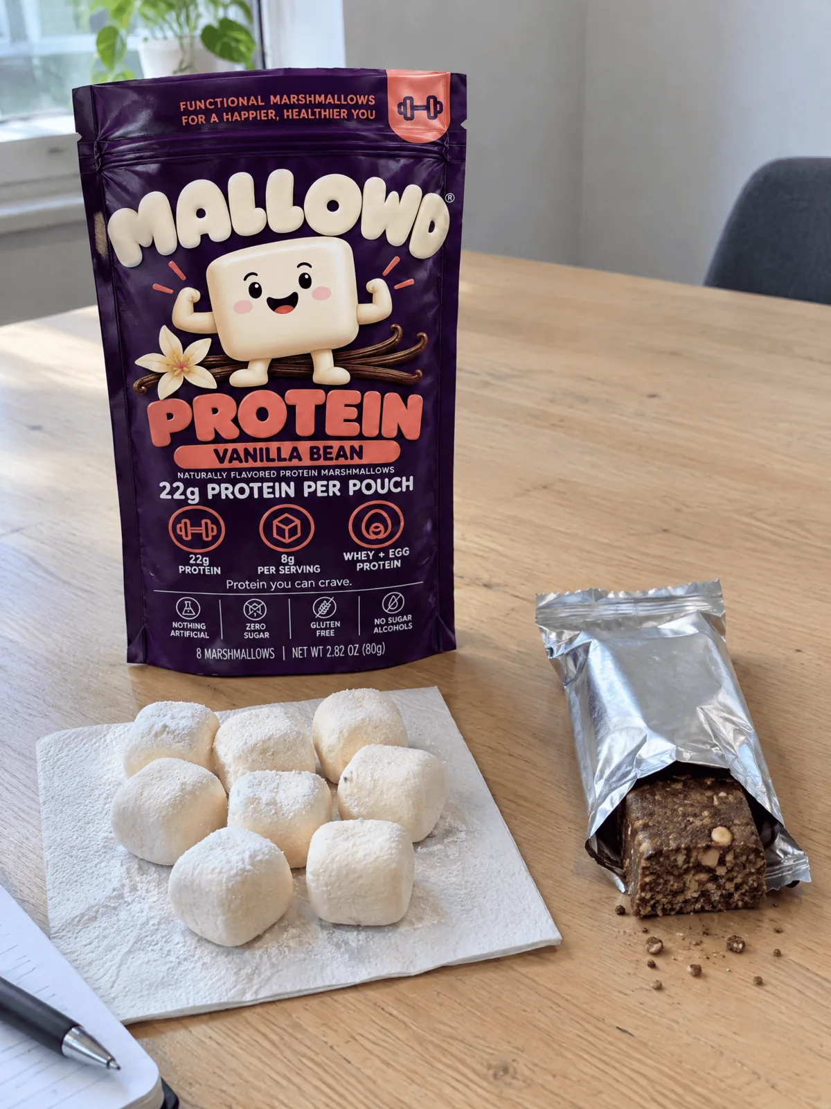 A MALLOWD pouch next to a plain, unbranded protein bar